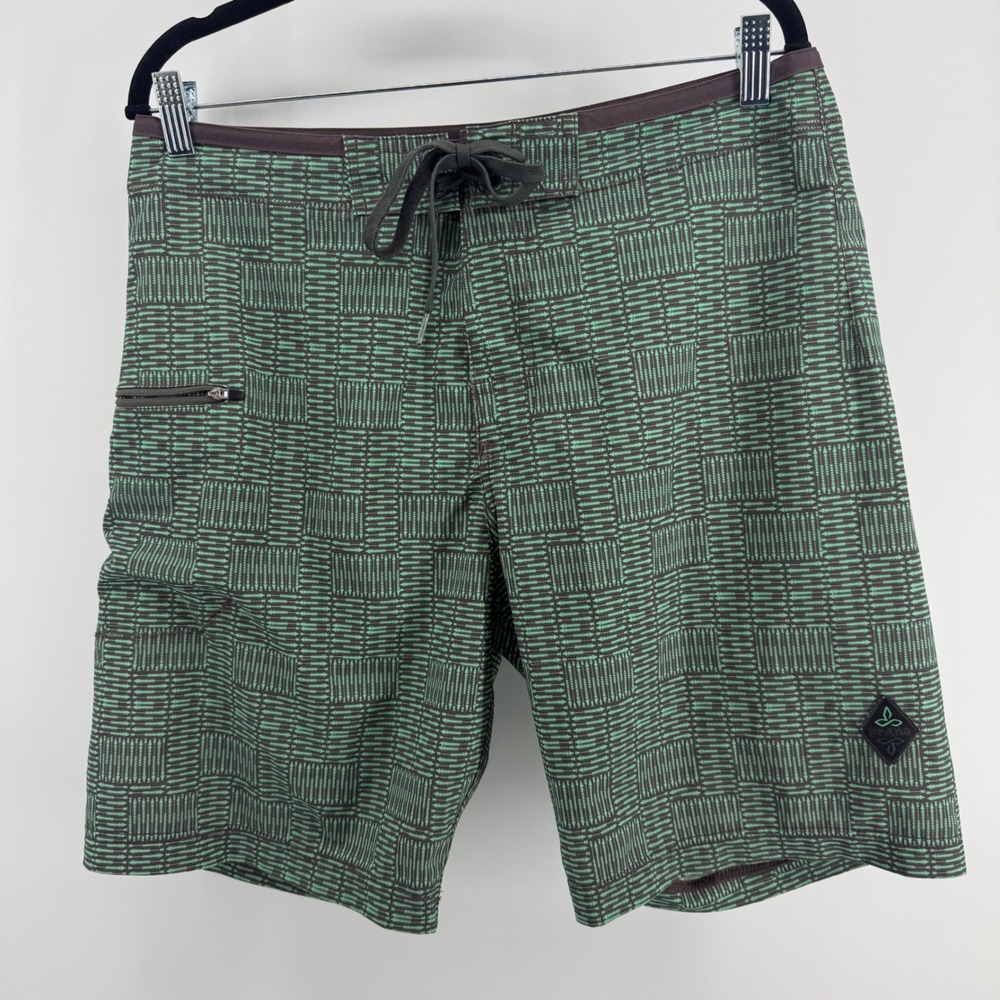Prana Mens Board Shorts Size 32 Green Brown Arrow Print Swim Trunks UPF 50+